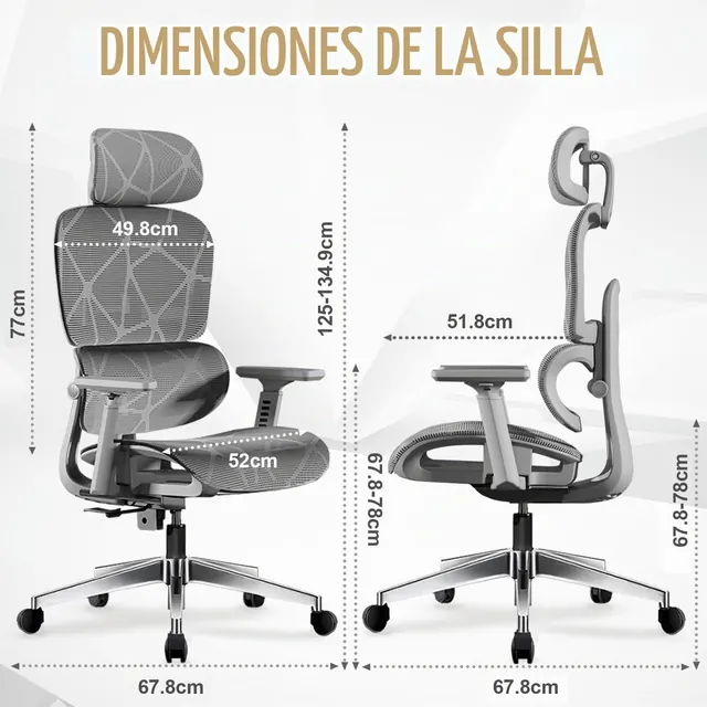 HDHNBA Gris 3D, silla ergonómica, tapizada en Tela transpirable (mesh) — imagen 2 de 7