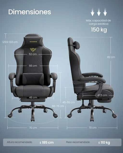 SONGMICS OBG079B01, silla gaming, tapizada en Piel sintética (PU) — imagen 3 de 7