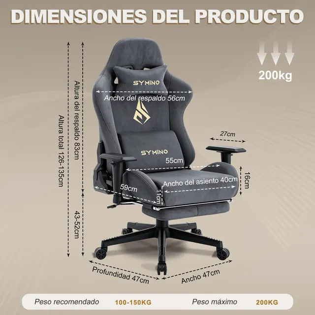 Symino MP-001, silla gaming, tapizada en Piel sintética (PU) — imagen 3 de 6